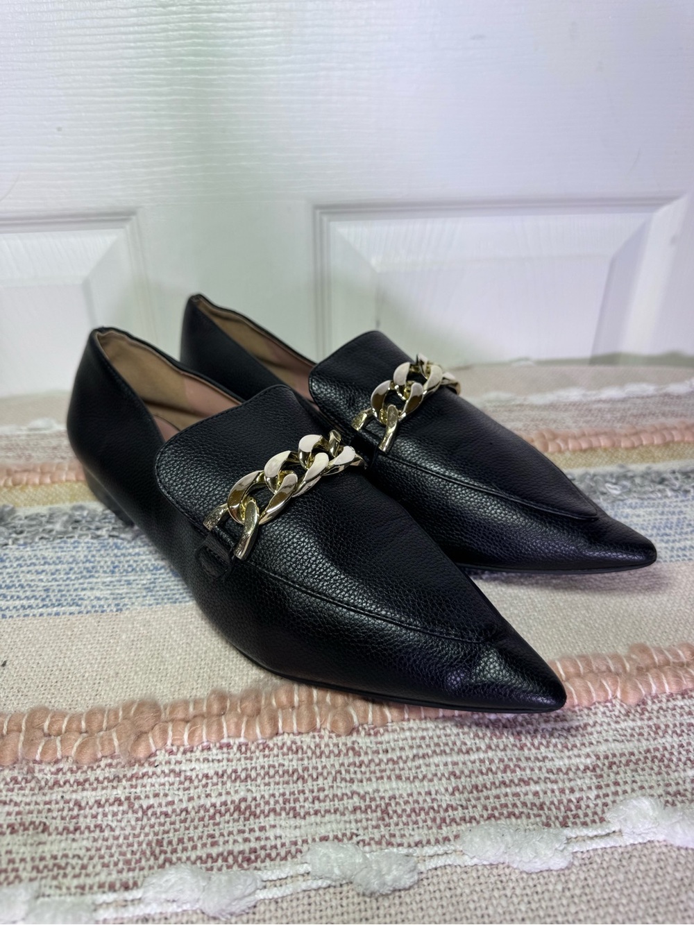 Paolo Black Pointed Toe Loafers with Gold Chain - Picture 2 of 8